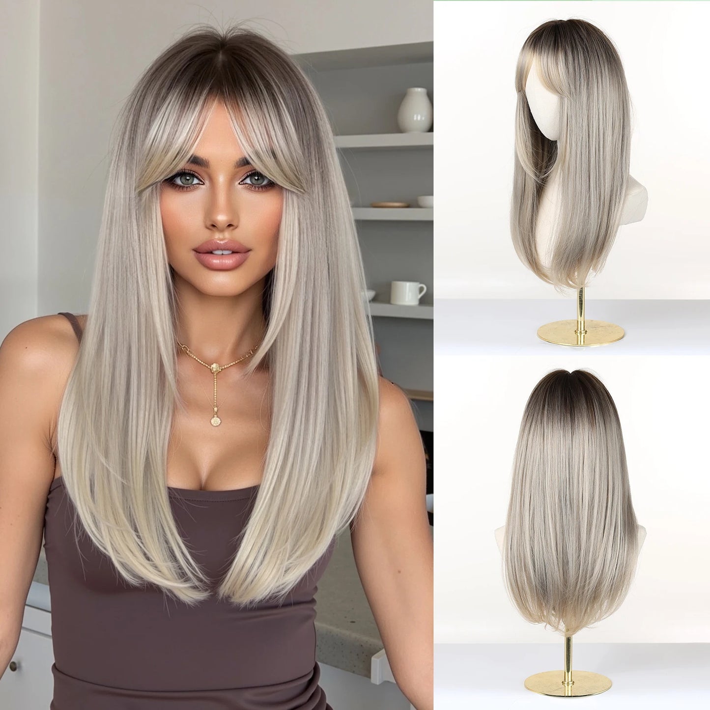 Perruques synthétiques longues blondes EASIHAIR pour femmes, cheveux naturels lisses et dégradés avec frange, résistantes à la chaleur, pour un usage quotidien