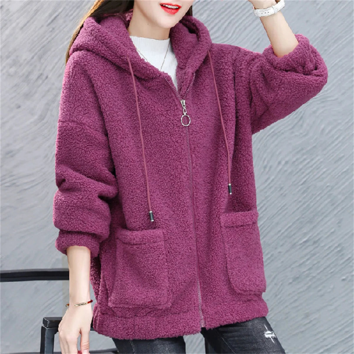 Women Fleece Hooded Sweater Solid Lamb Cashmere Cardigan Jacket Coat Ladies Casual Plush Autumn Winter Long Sleeve Solid Tops