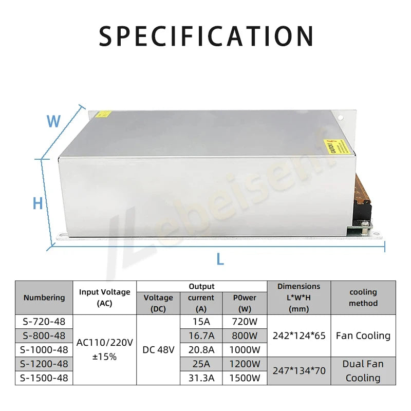 DC48V 720W 800W 1000W 1200W 1500W High Wwitching Power Supply Aluminum Case Fan 110V 220V AC to DC 48V Transformer Converter