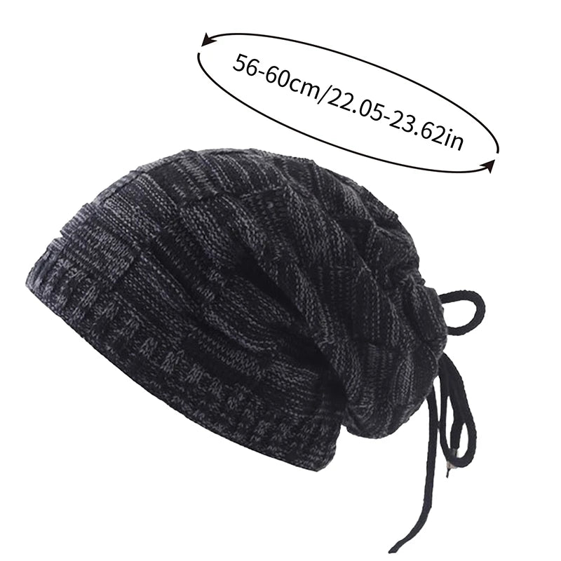 Bonnet tricoté chaud pour homme et femme, bonnet à pompon, bandana, cordon de serrage, écharpe, épais, chaud et doux, tête et cou