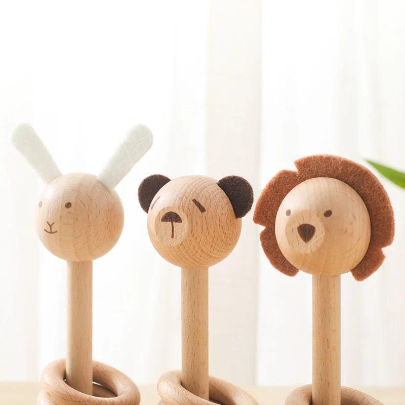 1pc Baby Rattles Toys Beech Wooden Animal Rattles Music Hand Bells Toys Newbron Montessori Educational Mobile Rattle Blocks Toys