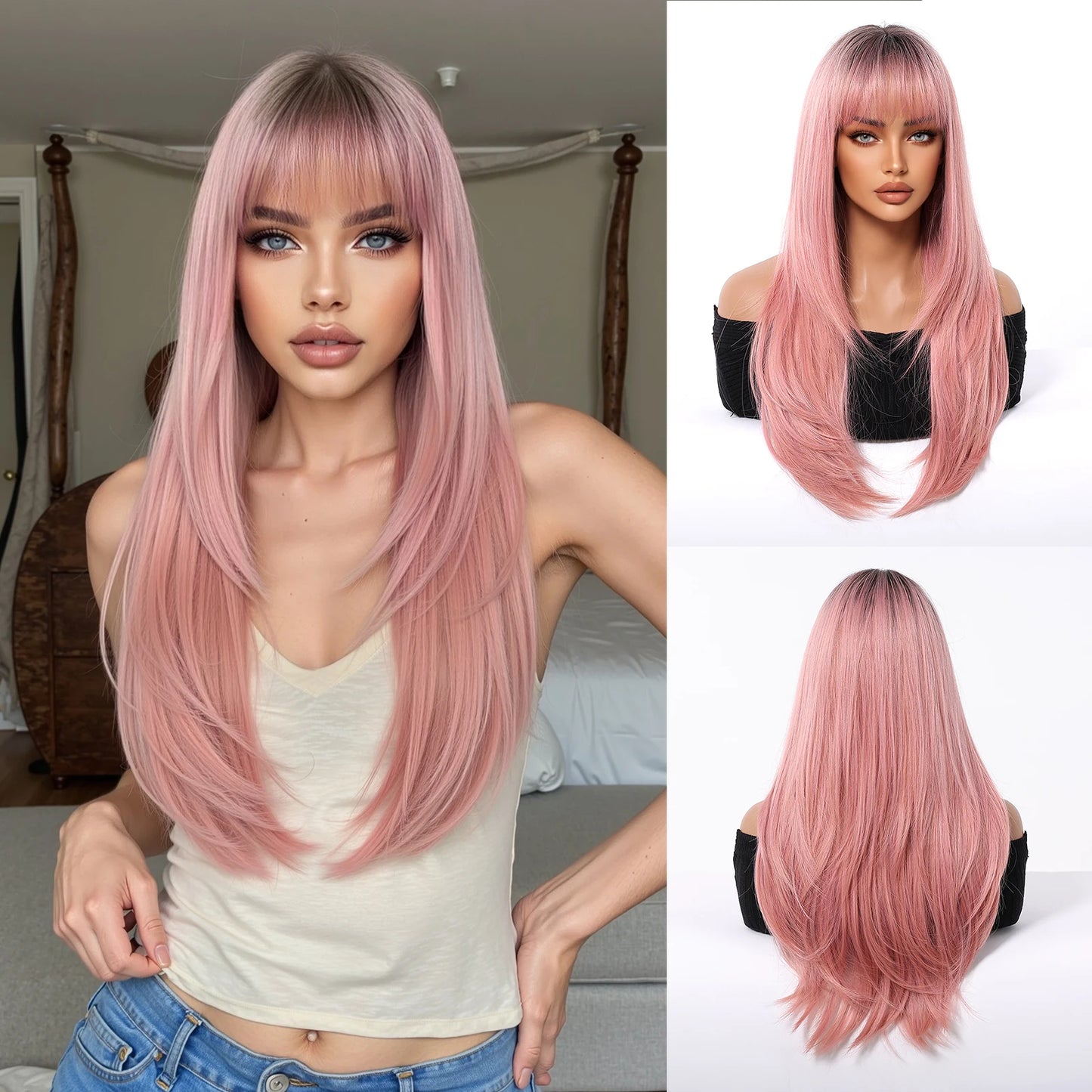 Perruques synthétiques longues blondes EASIHAIR pour femmes, cheveux naturels lisses et dégradés avec frange, résistantes à la chaleur, pour un usage quotidien