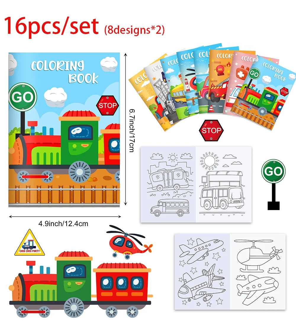 16pcs Vehicle Theme Coloring Books Graffiti Aircraft Fire Truck Pattern DIY Drawing Painting Books For Kids Gifts Party Supplies