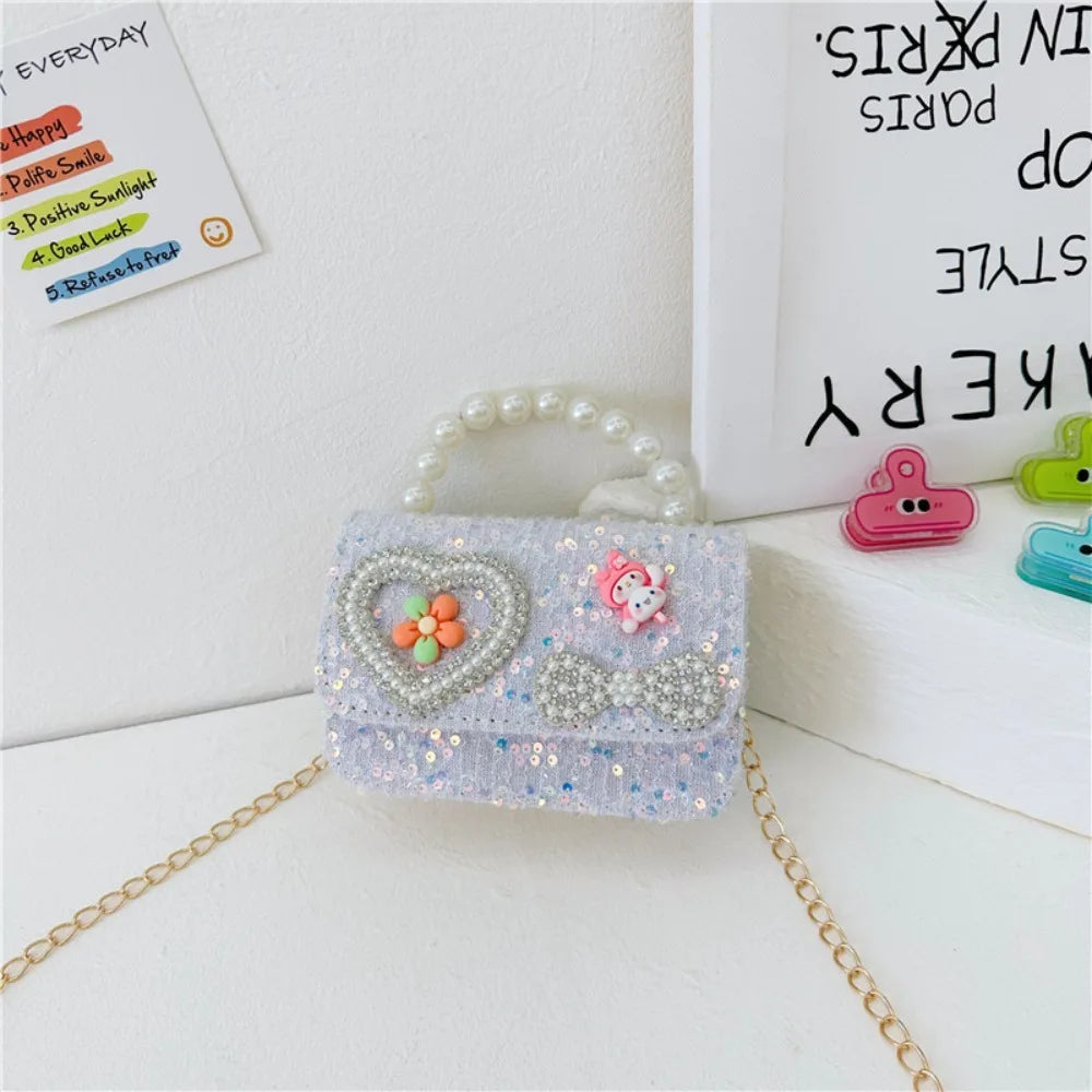 2024 Korean Style Pearl Kid's Handbag Lace Bow Princess Shoulder Messenger Bag Sequin Zero Wallet Pocket Pack