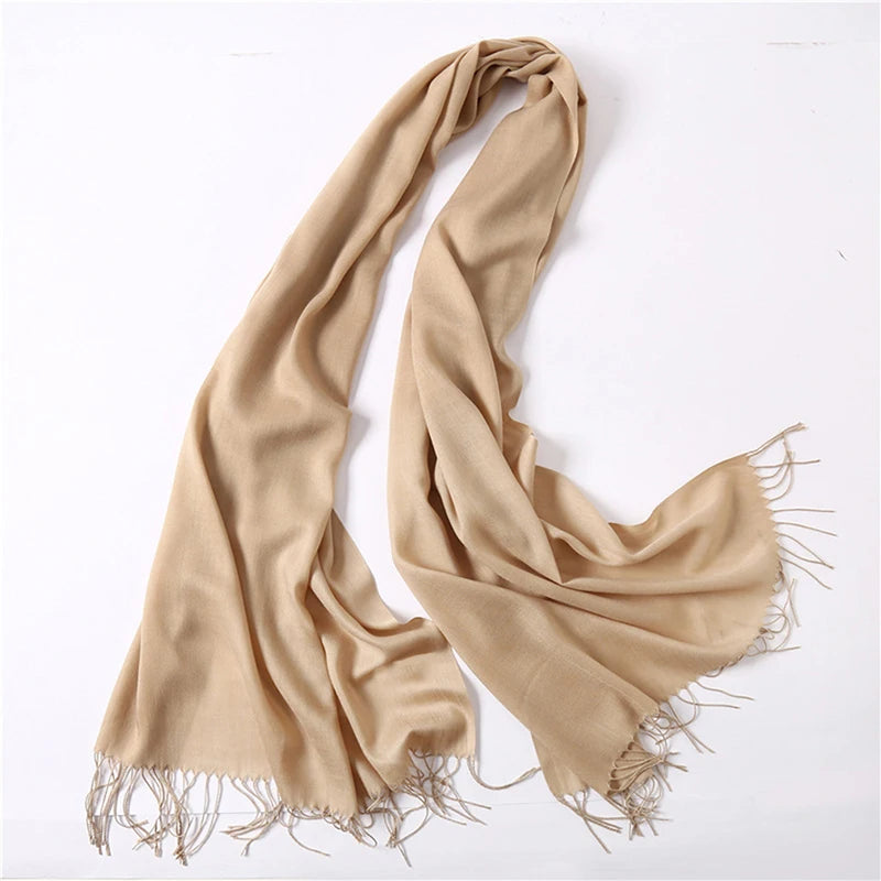 Écharpe tendance pour femme, couleur unie, hijab d'hiver, pompons, long châle, style cachemire, pashmina, bandana