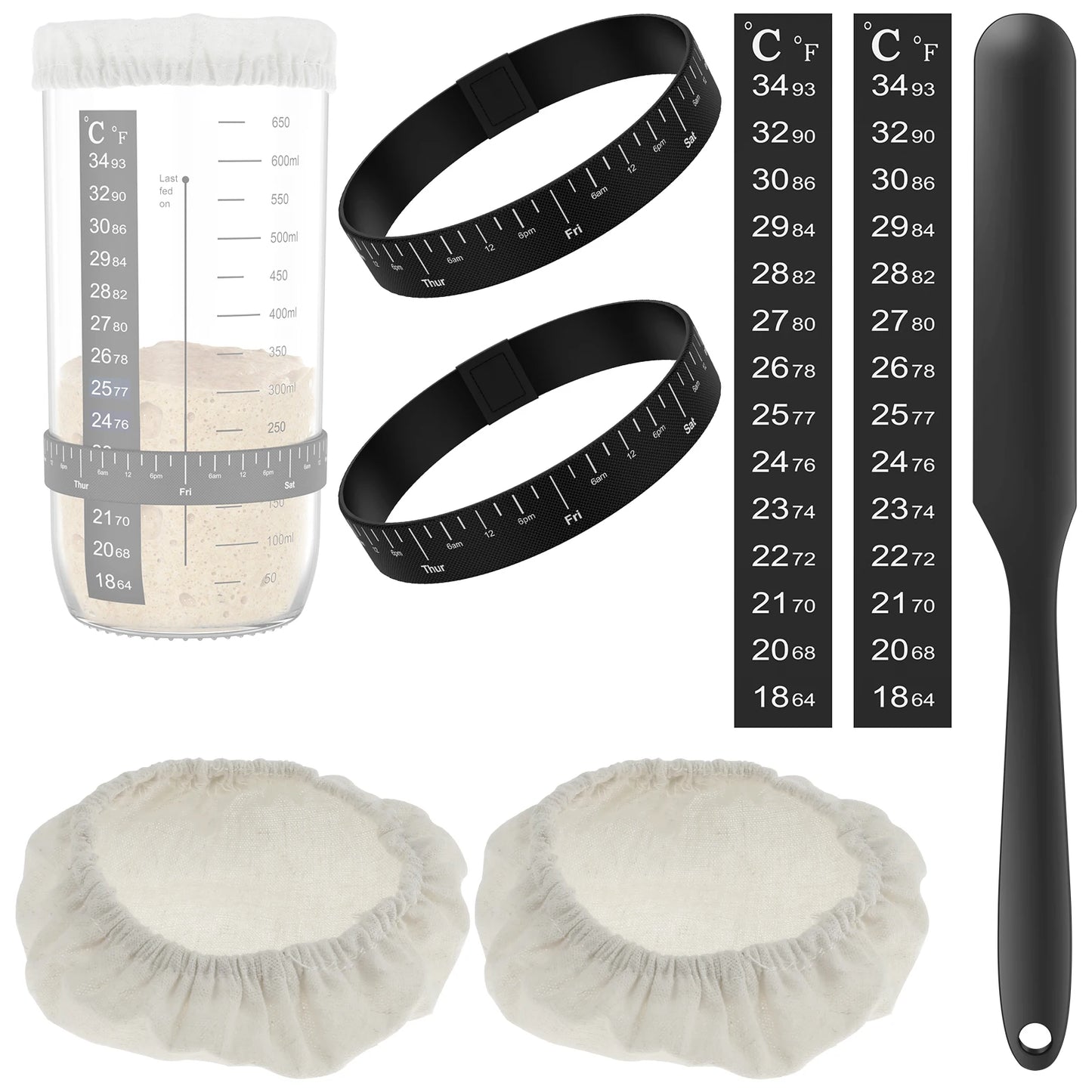 Kit de démarrage pour levain 7 pièces avec couvercles en tissu, bandes d'alimentation marquées de la température et grattoir pour bocaux de 3 à 4 pouces, fournitures de pâtisserie