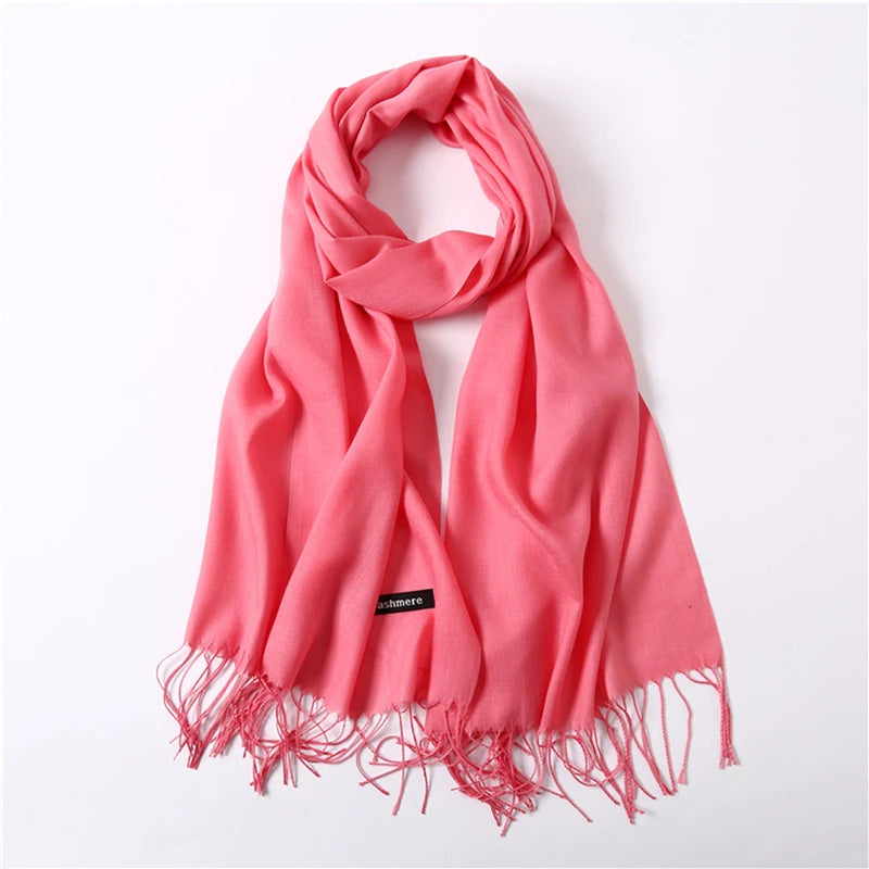 Écharpe tendance pour femme, couleur unie, hijab d'hiver, pompons, long châle, style cachemire, pashmina, bandana