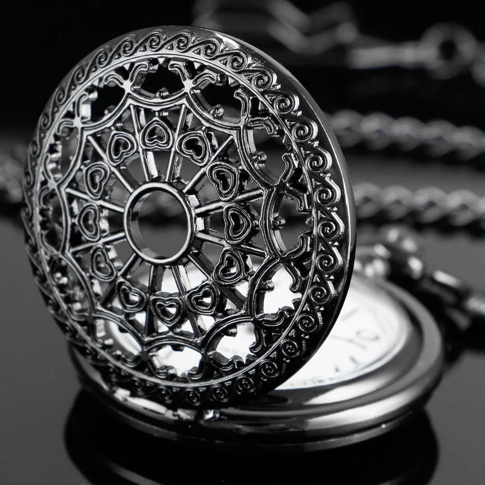 Black Thorn Heart Hollow Quartz Pocket Watch Classic Retro Necklace Pendant for Men Women Necklace Gifts Clock Relogio De Bolso