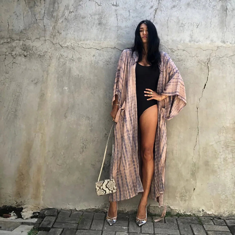 2023 Women Swimsuit Pareo Beachwear Boho Striped Print with Belt Short Sleeve Tunic Cardigan Summer Sexy Kimono Bikini Cover Up