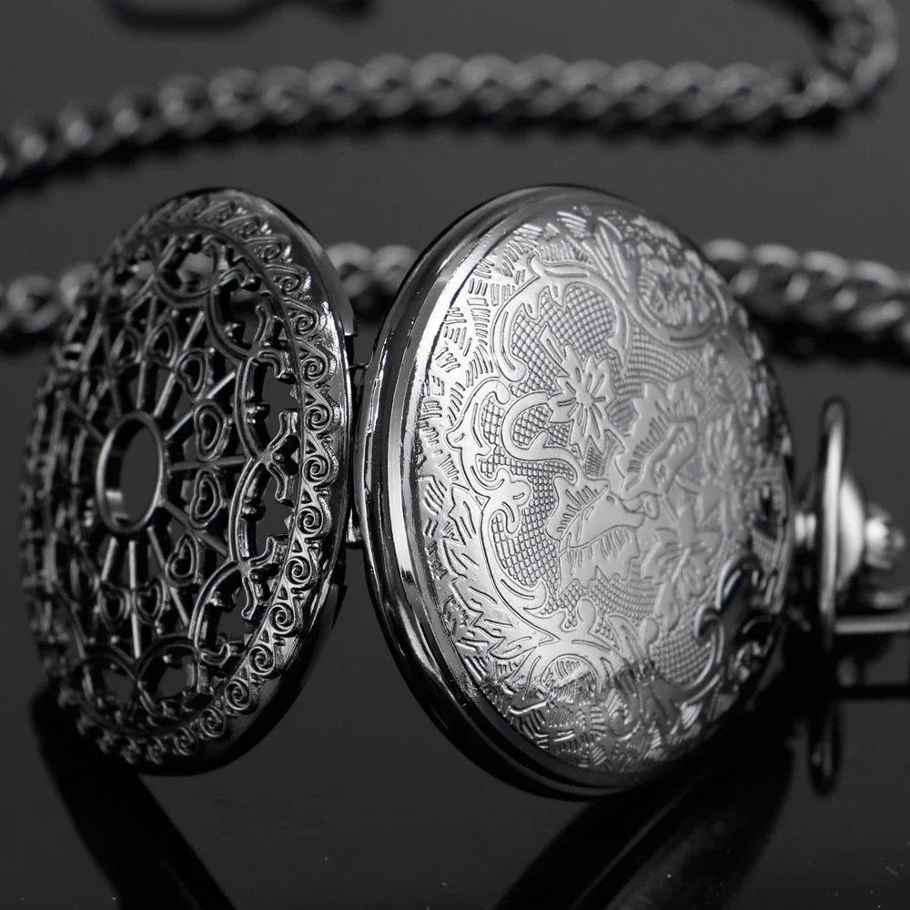 Black Thorn Heart Hollow Quartz Pocket Watch Classic Retro Necklace Pendant for Men Women Necklace Gifts Clock Relogio De Bolso