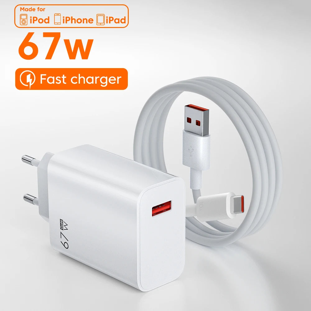 67W GaN USB Fast Charging Quick Charger QC3.0 USB Type C Cable for Xiaomi 14 13 12 Redmi Note Turbo Mobile Phone Charger Adapter