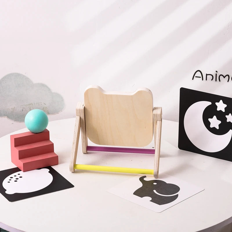 Baby Wooden Montessori Toys Mirror Tummy Time Infant Mirror Black White Contrast Visual Stimulation Sensory Development Toys