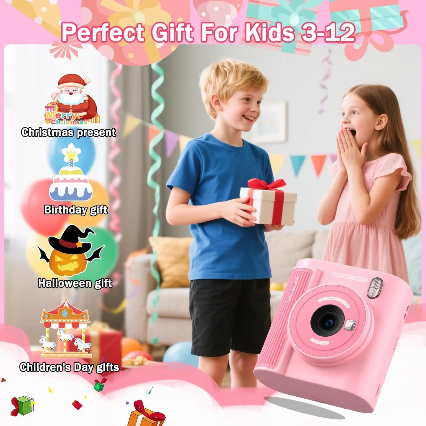 Kids Camera Instant Print HD 1080P 16X Zoom Digital Camera Video Recorder Toy for Girls & Boys Best Christmas Birthday Gfits