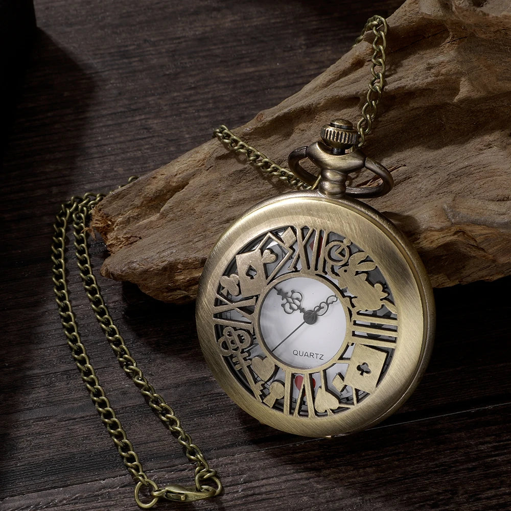 Montre de poche à quartz en bronze, style rétro Alice, pendentif, collier, cadeau pour homme et femme