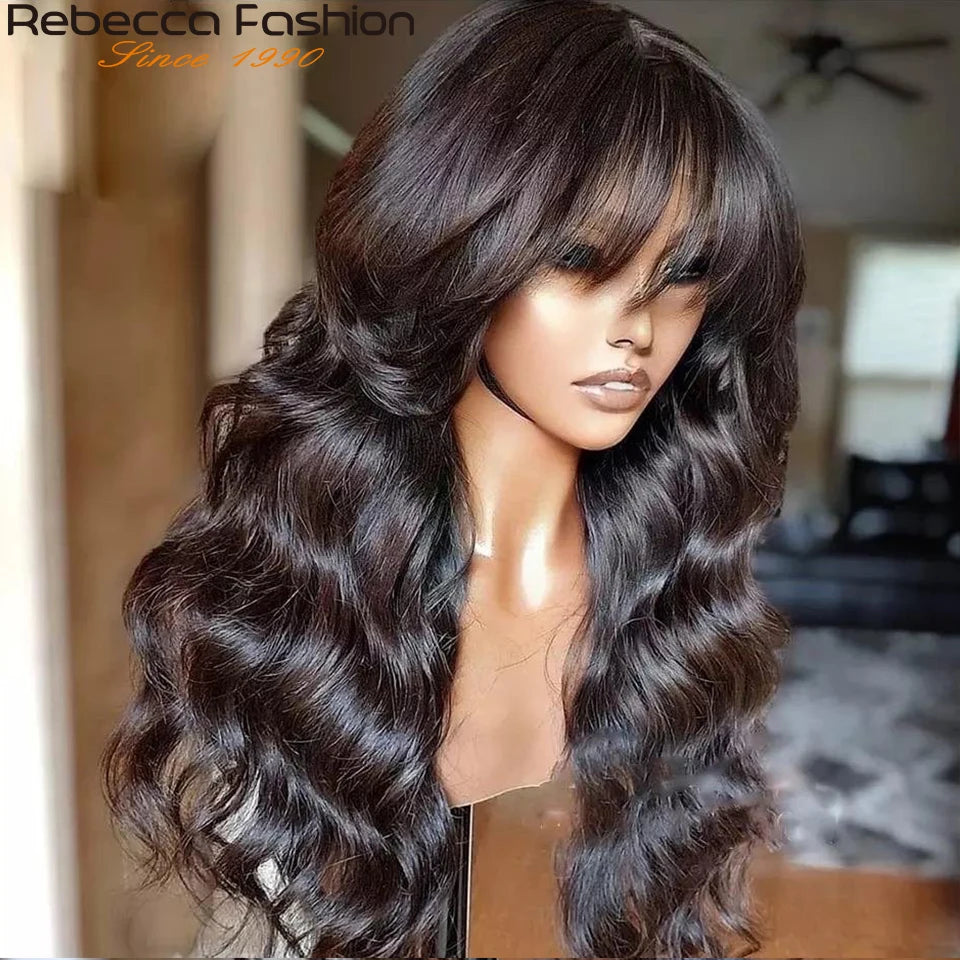 Perruques Rebecca 3x1 Body Wave 100 % cheveux humains avec frange rideau pour femmes, cheveux brésiliens Remy, sans colle, colorées, QVR