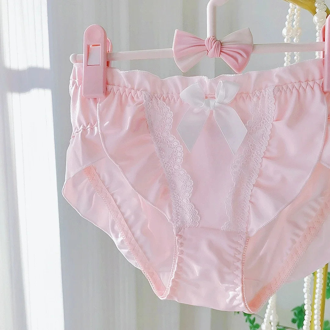 Lotus Leaf Edge High Slit Lolita Sweet Panties Japanese Cute Student Mid Waist Underwear Girl Milk Silk Triangle Pants 섹시