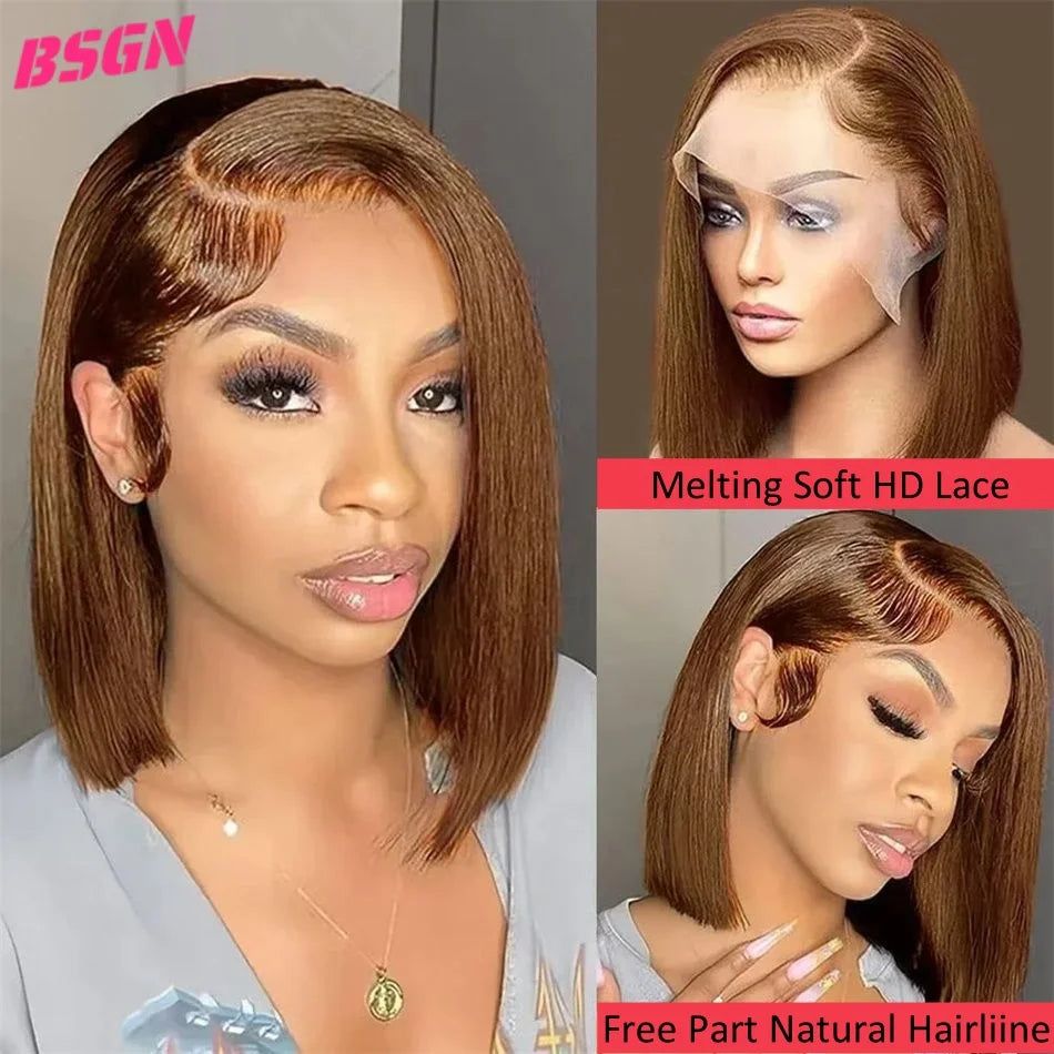 200% BSGN Chocolate Bob Wigs 13X4 HD Transparent Lace Frontal Wigs Human Hair 100% Human Hair For Woman Pre Plucked Glueless Wig
