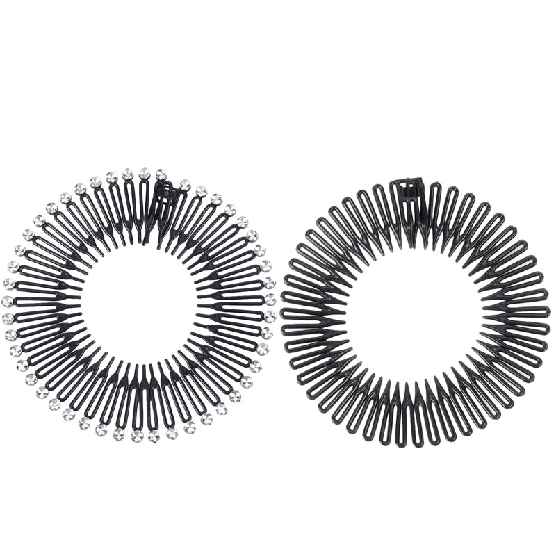 2pcs Rhinestone Plastic Full Circle Stretch Diamond Flexible Comb Teeth Headband Hair Band Clip Face Wash Fixed Hair Accessories