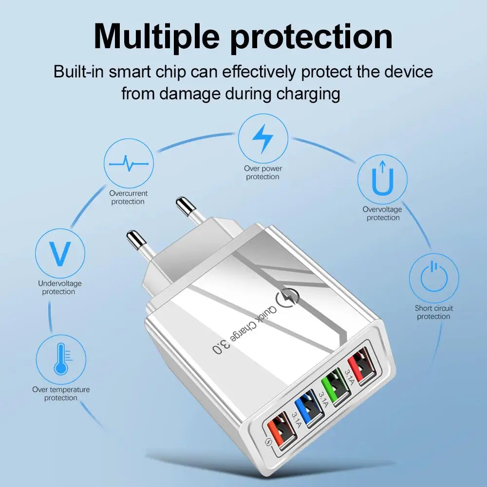 4 Ports USB Charger Fast Charging EU/US Plug Mobile Phone Charger Universal Quick Charge 3.0 Power Adapter For Xiaomi 12 Pro Max