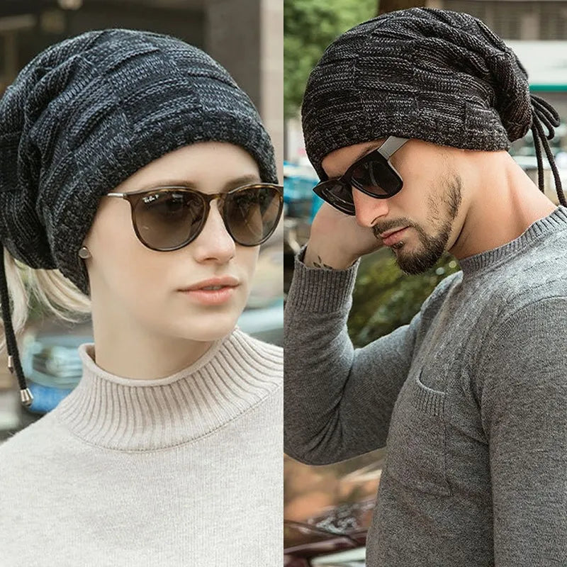 Bonnet tricoté chaud pour homme et femme, bonnet à pompon, bandana, cordon de serrage, écharpe, épais, chaud et doux, tête et cou