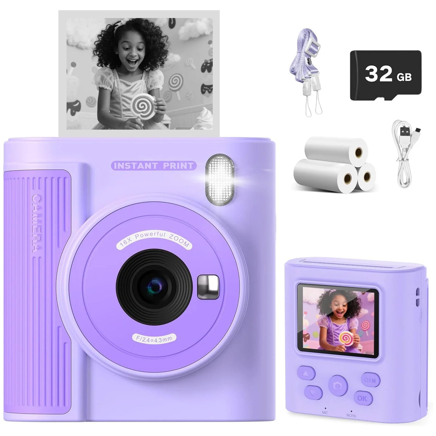 Kids Camera Instant Print HD 1080P 16X Zoom Digital Camera Video Recorder Toy for Girls & Boys Best Christmas Birthday Gfits