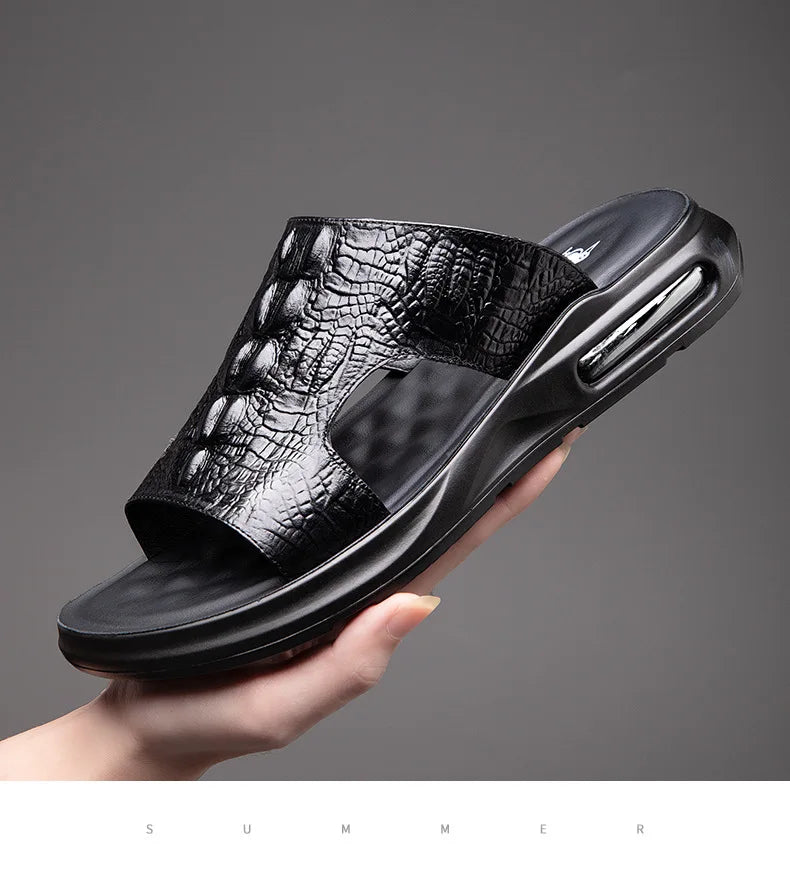 Chaussures d'été pour hommes, sandales en cuir véritable, imprimé crocodile, pantoufles décontractées, tongs à coussin d'air, chaussures de plage cool