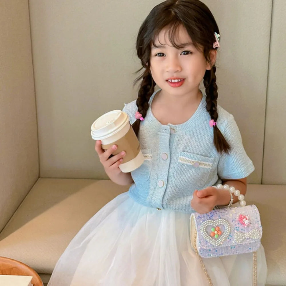 2024 Korean Style Pearl Kid's Handbag Lace Bow Princess Shoulder Messenger Bag Sequin Zero Wallet Pocket Pack