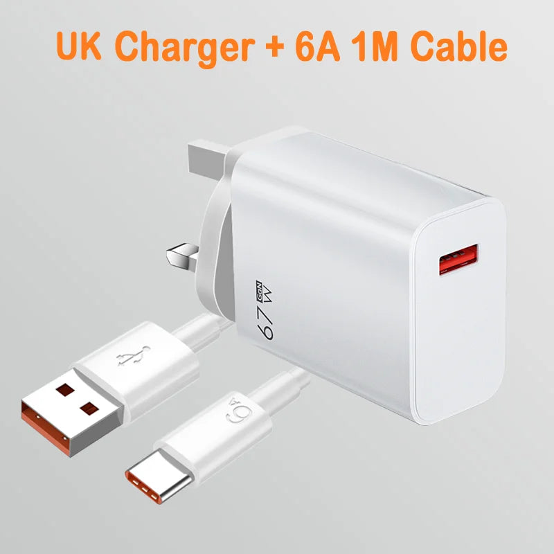 67W GaN USB Fast Charging Quick Charger QC3.0 USB Type C Cable for Xiaomi 14 13 12 Redmi Note Turbo Mobile Phone Charger Adapter