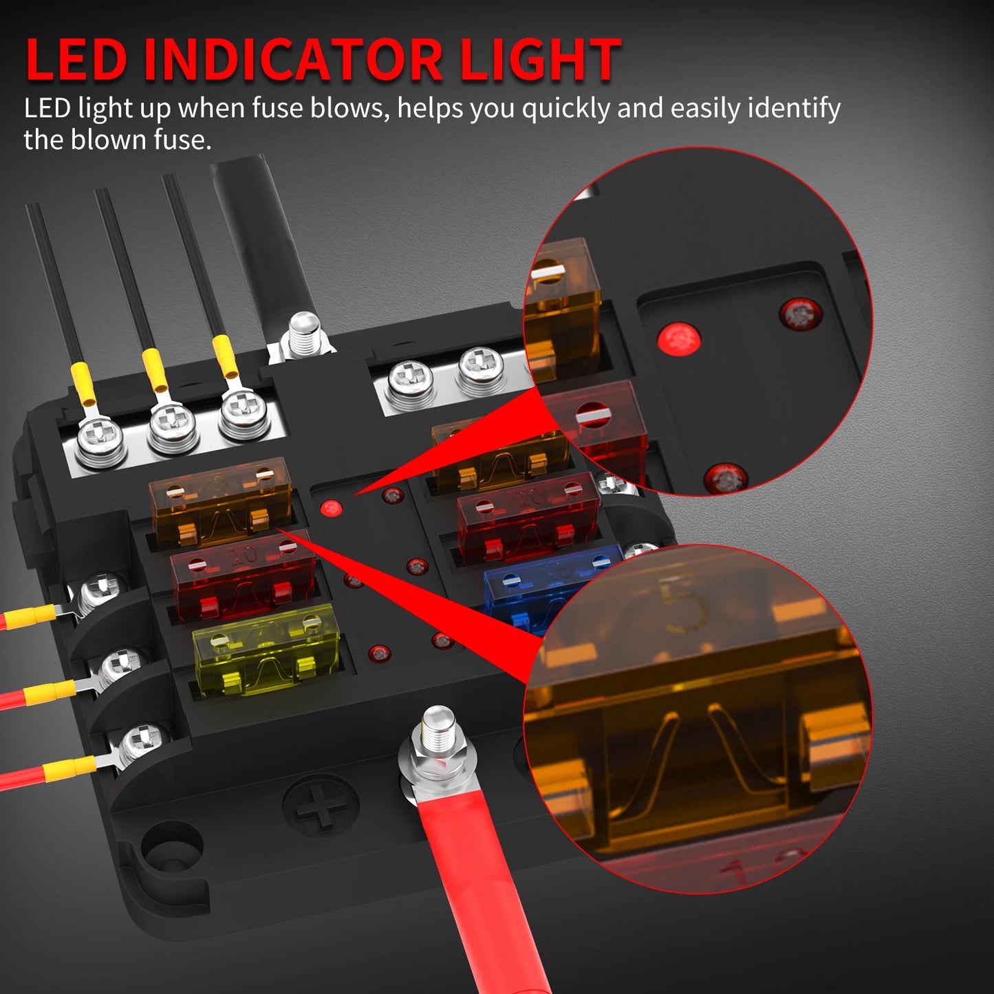 Bloc de fusibles à lame 12 V 6 voies avec indicateur LED, couvercle de protection étanche et autocollant pour voiture, camion, remorque