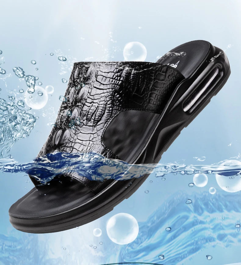 Chaussures d'été pour hommes, sandales en cuir véritable, imprimé crocodile, pantoufles décontractées, tongs à coussin d'air, chaussures de plage cool
