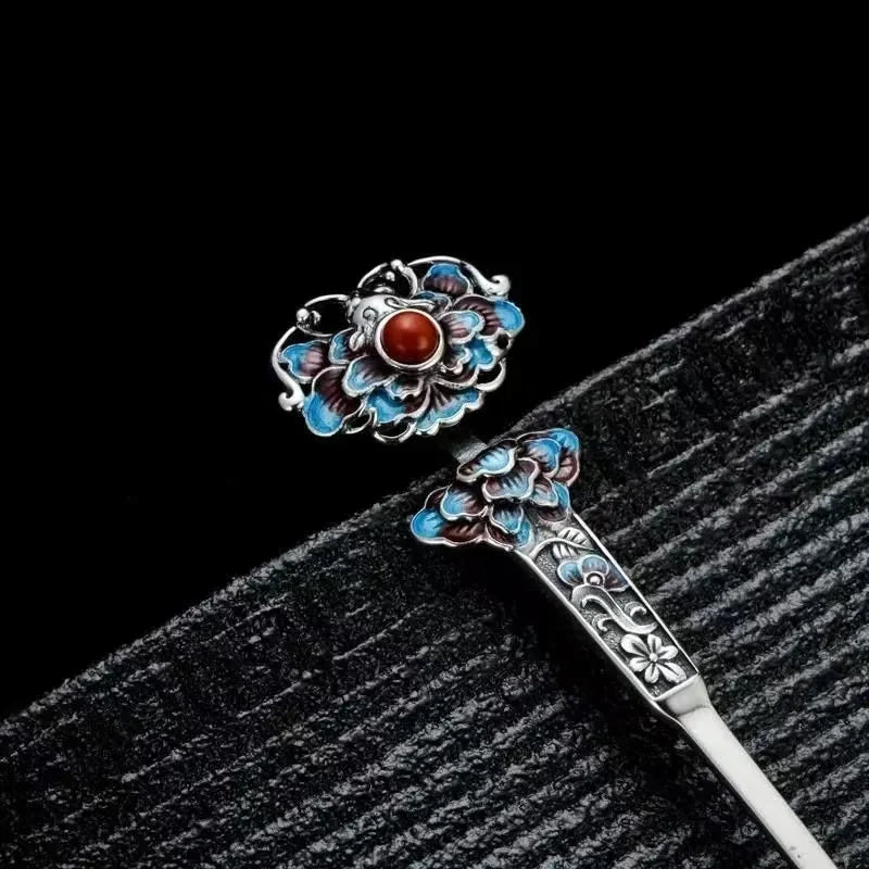 Classic charms enamel Lotus flower blue tiara hair Jewelry 925 silver exquisite ethnic style Hanfu qipao hanfu accessories