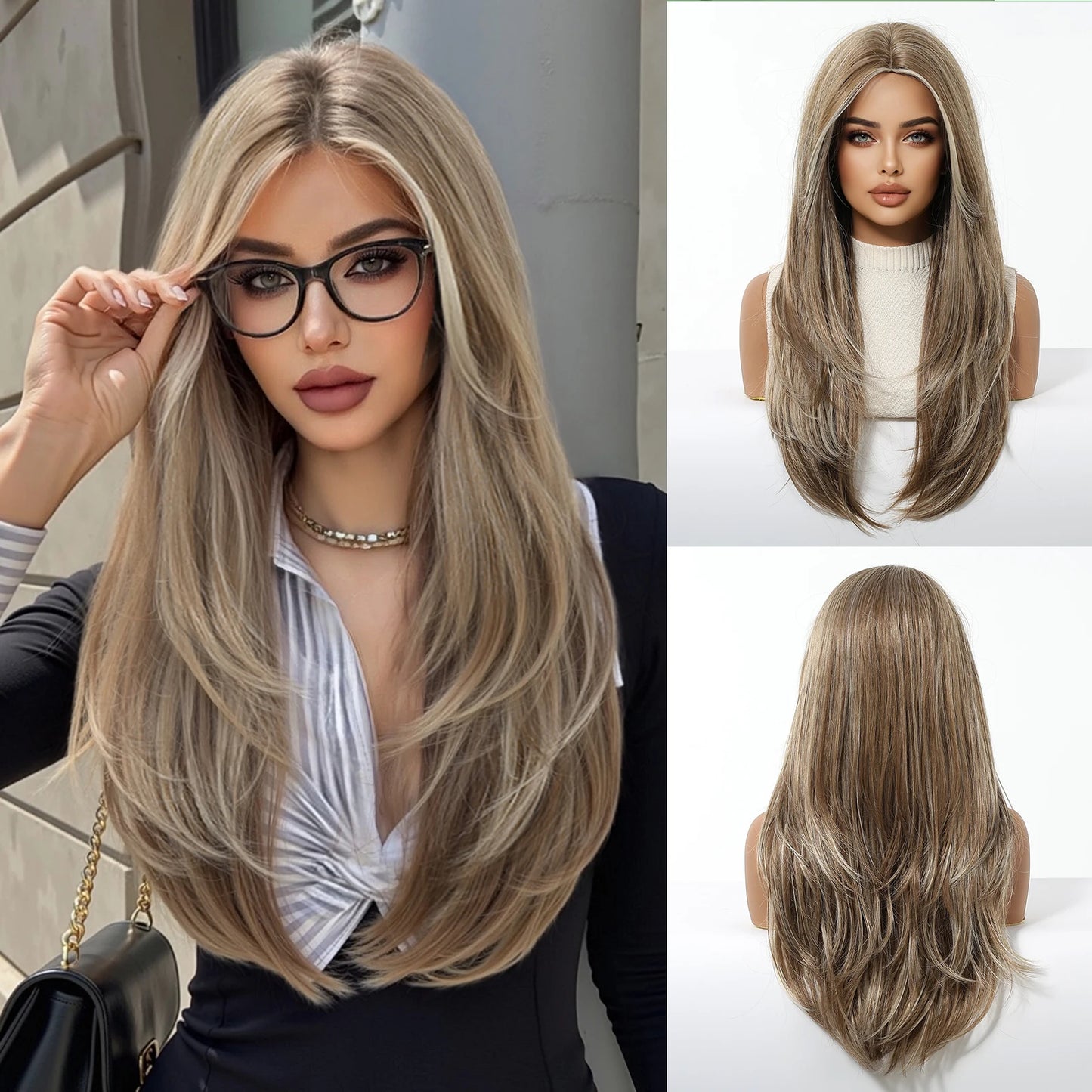 Perruques synthétiques longues blondes EASIHAIR pour femmes, cheveux naturels lisses et dégradés avec frange, résistantes à la chaleur, pour un usage quotidien