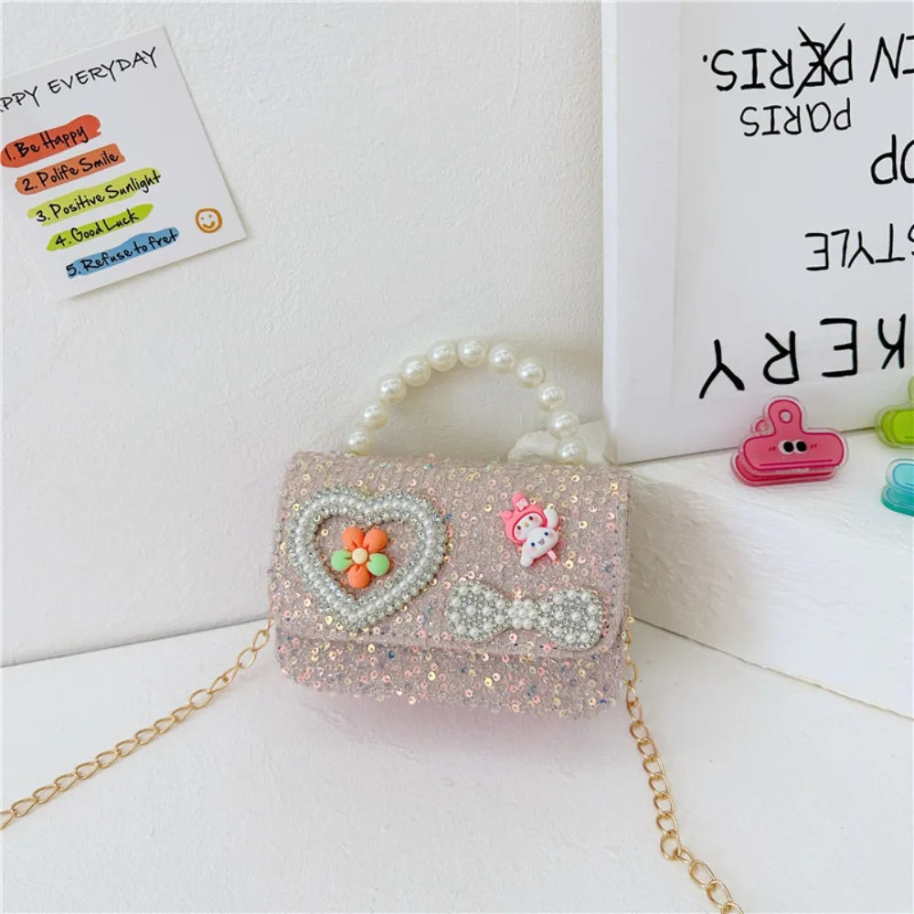 2024 Korean Style Pearl Kid's Handbag Lace Bow Princess Shoulder Messenger Bag Sequin Zero Wallet Pocket Pack