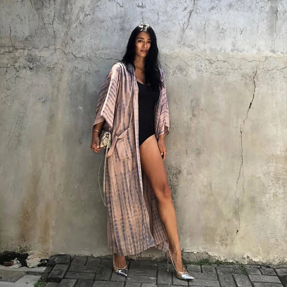 2023 Women Swimsuit Pareo Beachwear Boho Striped Print with Belt Short Sleeve Tunic Cardigan Summer Sexy Kimono Bikini Cover Up
