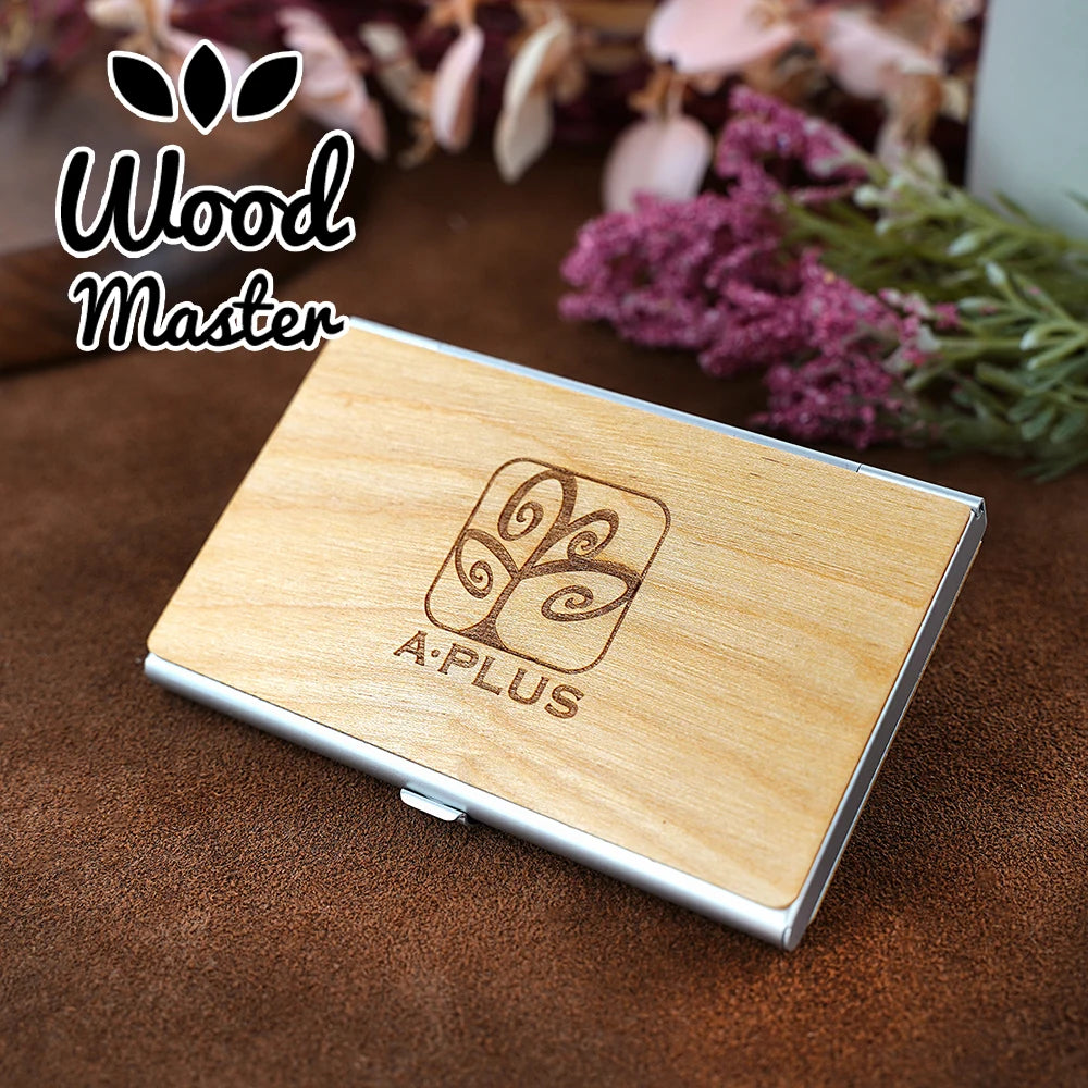 Personalized Wooden Business Card Holder - Custom Logo Wood & Metal Case for Men and Women - Perfect Gift