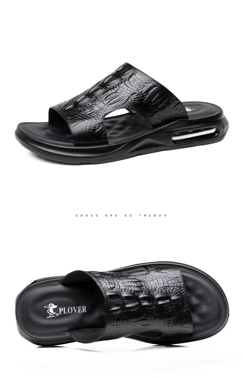 Chaussures d'été pour hommes, sandales en cuir véritable, imprimé crocodile, pantoufles décontractées, tongs à coussin d'air, chaussures de plage cool