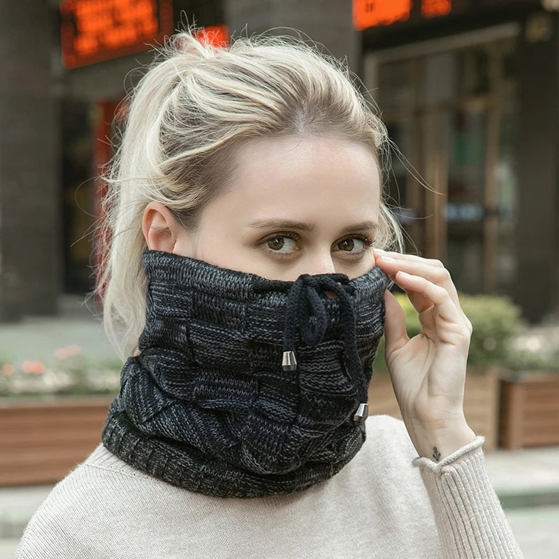 Bonnet tricoté chaud pour homme et femme, bonnet à pompon, bandana, cordon de serrage, écharpe, épais, chaud et doux, tête et cou