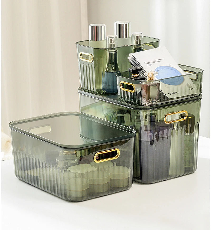 Light Luxury Desktop Cosmetic Plastic Drawer With Lid Wardrobe Sundries Toy Storage Box Transparent Storage Basket With Handle