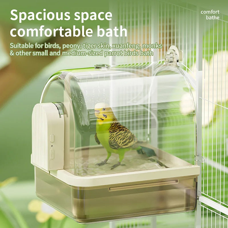 Bain d'oiseaux suspendu transparent, circulation d'eau automatique, douche de bain pour oiseaux, facile à nettoyer, conception peu encombrante, accessoire pour cage à oiseaux