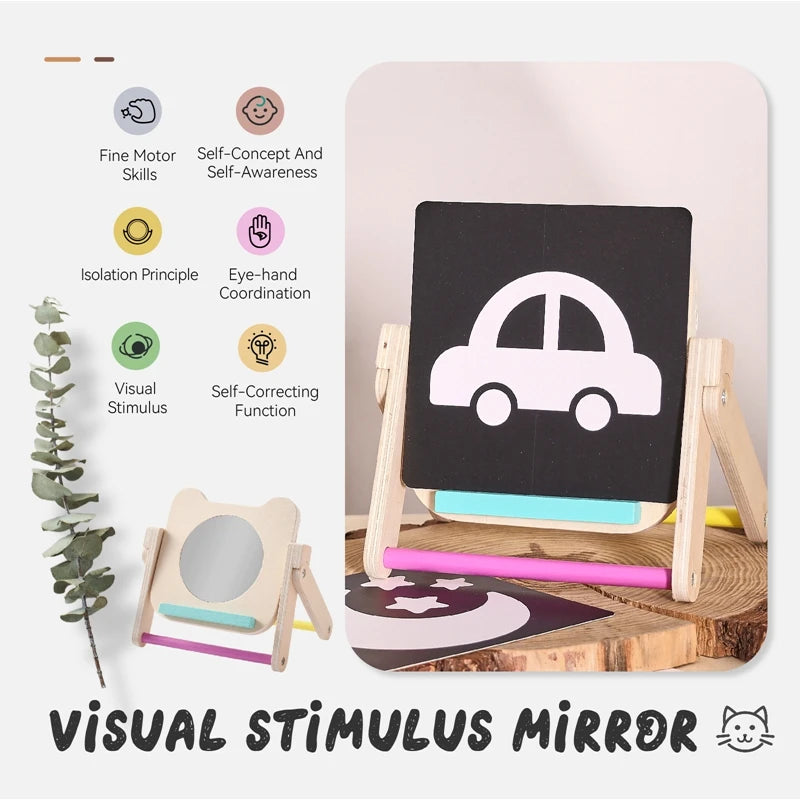 Baby Wooden Montessori Toys Mirror Tummy Time Infant Mirror Black White Contrast Visual Stimulation Sensory Development Toys