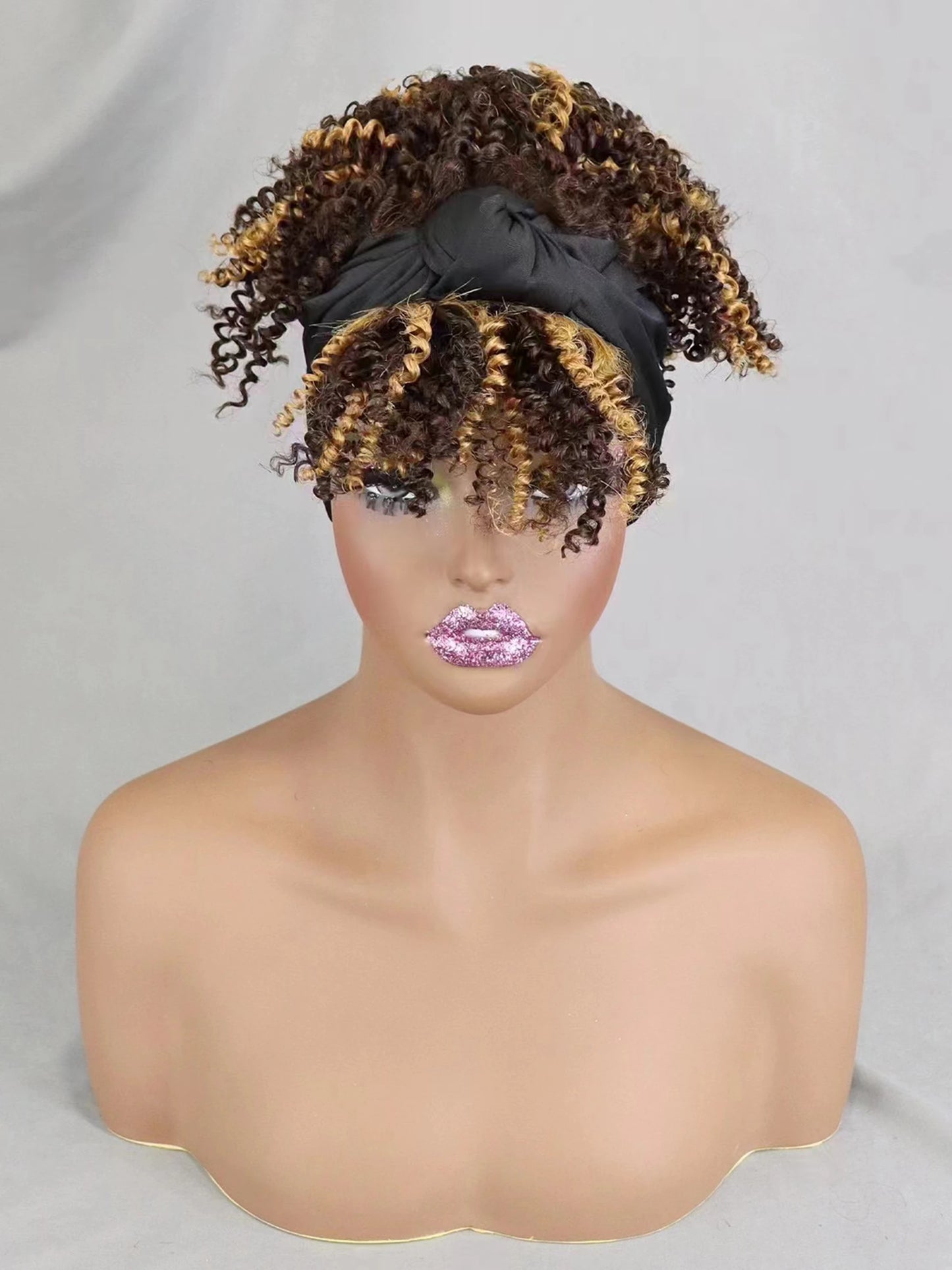 200% Density 1BT30 Afro Kinky Curly Scarf Wig with Bangs Machine Made Wig Curly 100% Human Hair Wig Preplucked for Black Women