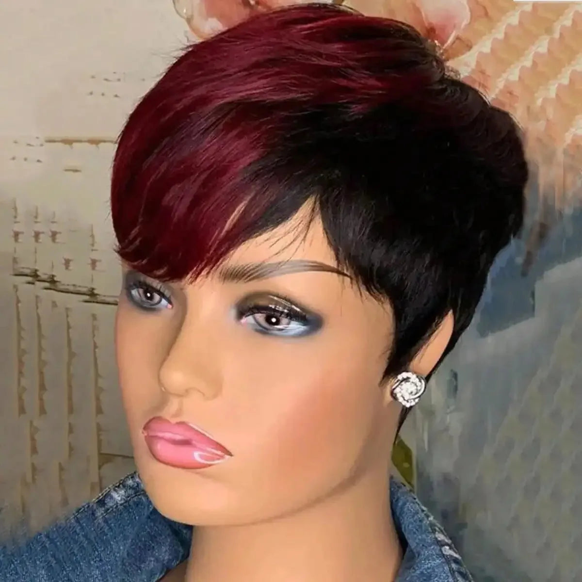Perruque courte et lisse en cheveux humains, coupe Pixie, fabriquée à la machine, pour femmes noires, avec frange, dégradée, vierge, noir 1B, bonnet complet