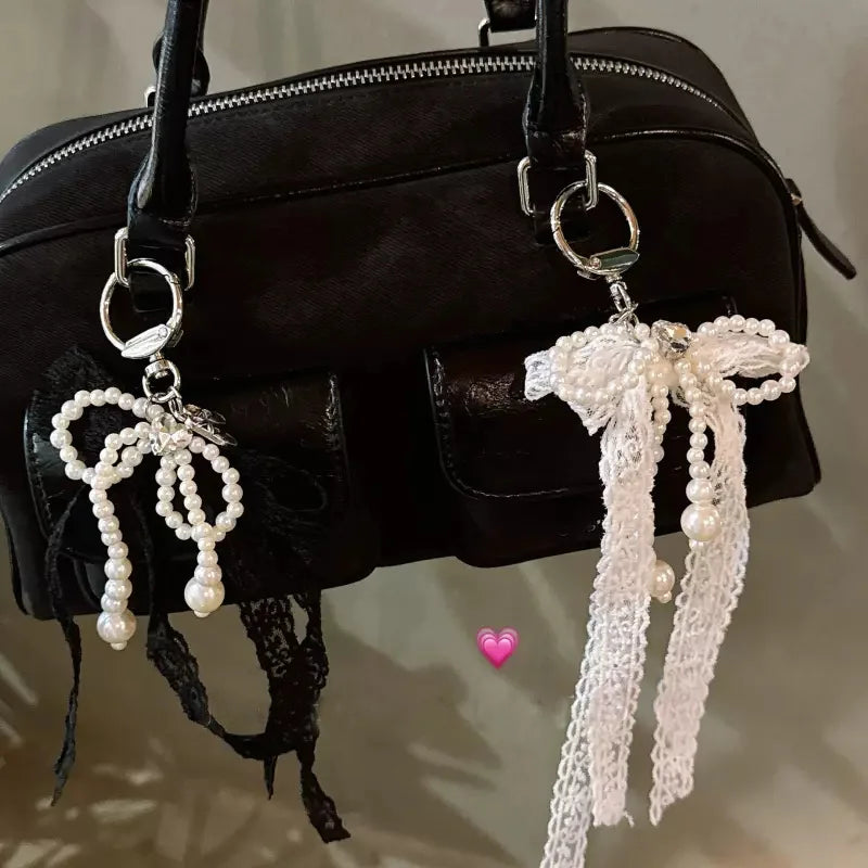 Chaîne de téléphone portable en dentelle et perles, style coréen des années 2000, breloque, nœud, porte-clés, écouteurs, sac, pendentif, accessoires Kawaii