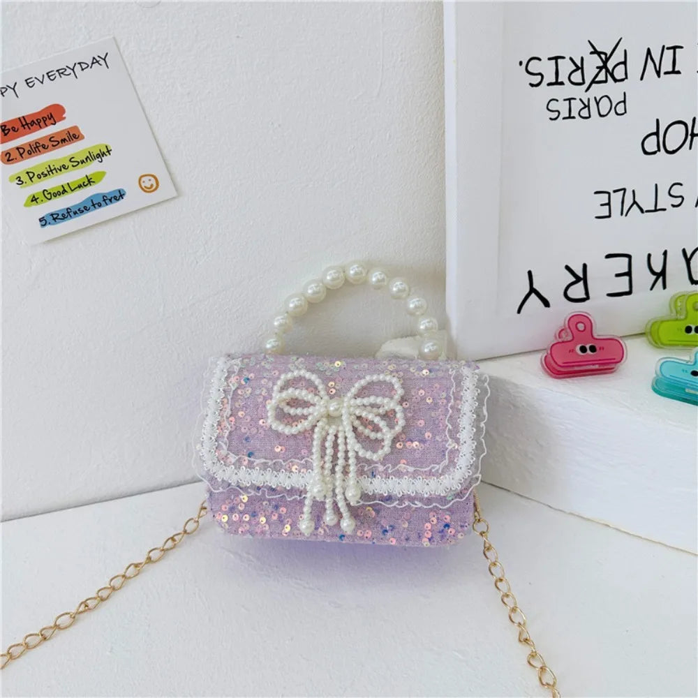 2024 Korean Style Pearl Kid's Handbag Lace Bow Princess Shoulder Messenger Bag Sequin Zero Wallet Pocket Pack
