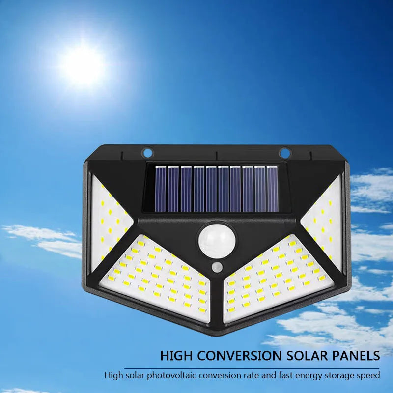 Lot de 1 à 6 lampes murales solaires à 100 LED 1800 mAh, 4 côtés lumineux, avec détecteur de mouvement, éclairage d'extérieur, idéal pour un jardin ou une cour.