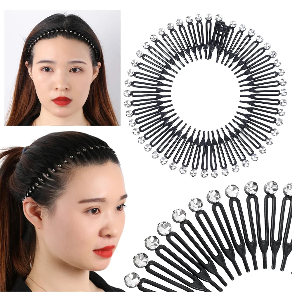 2pcs Rhinestone Plastic Full Circle Stretch Diamond Flexible Comb Teeth Headband Hair Band Clip Face Wash Fixed Hair Accessories