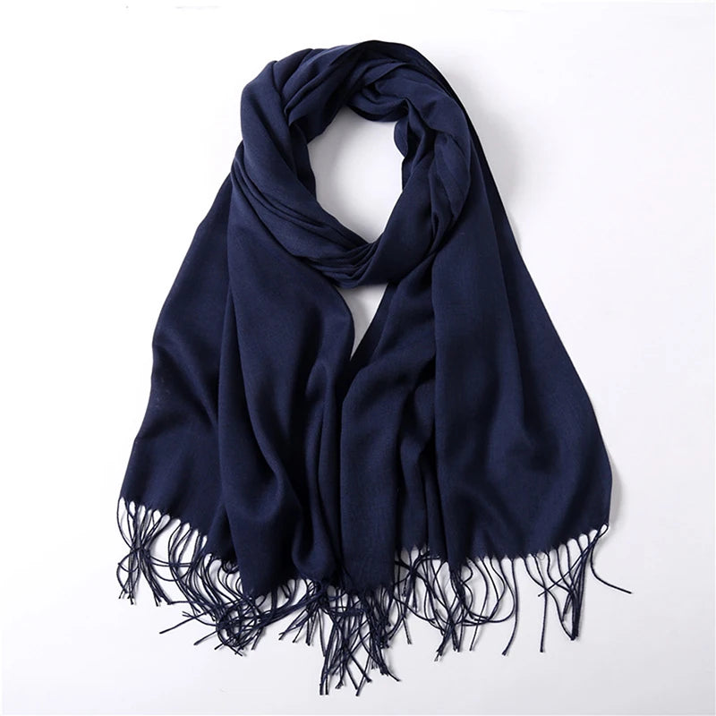 Écharpe tendance pour femme, couleur unie, hijab d'hiver, pompons, long châle, style cachemire, pashmina, bandana