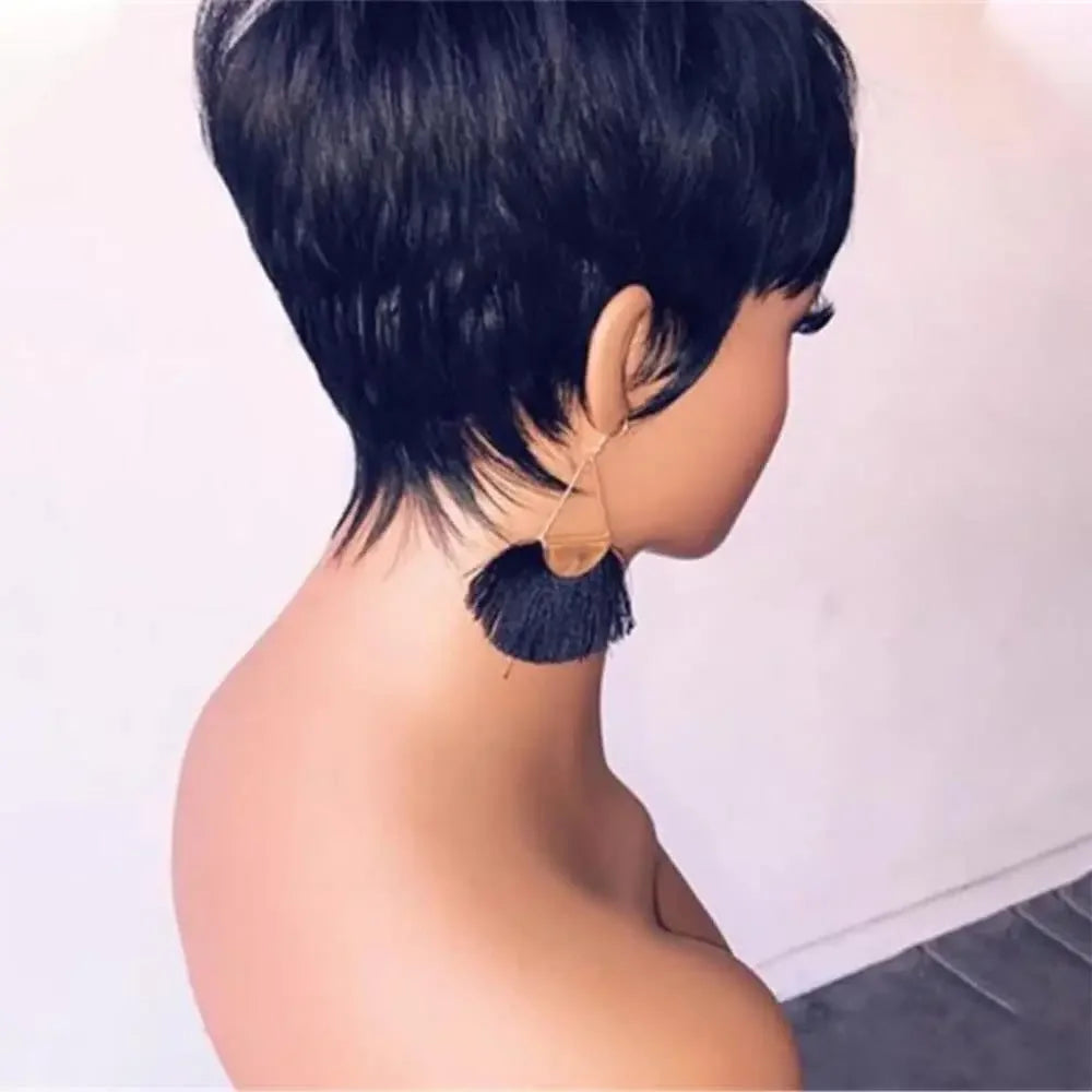 Perruque courte et lisse en cheveux humains, coupe Pixie, fabriquée à la machine, pour femmes noires, avec frange, dégradée, vierge, noir 1B, bonnet complet