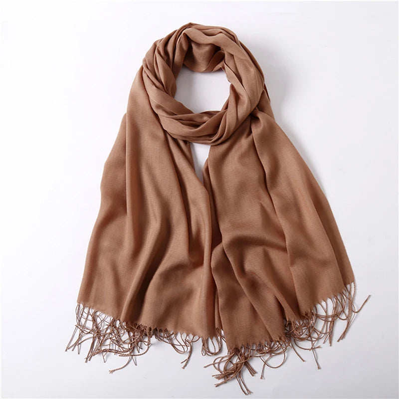 Écharpe tendance pour femme, couleur unie, hijab d'hiver, pompons, long châle, style cachemire, pashmina, bandana