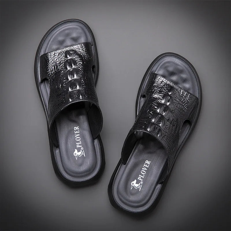 Chaussures d'été pour hommes, sandales en cuir véritable, imprimé crocodile, pantoufles décontractées, tongs à coussin d'air, chaussures de plage cool